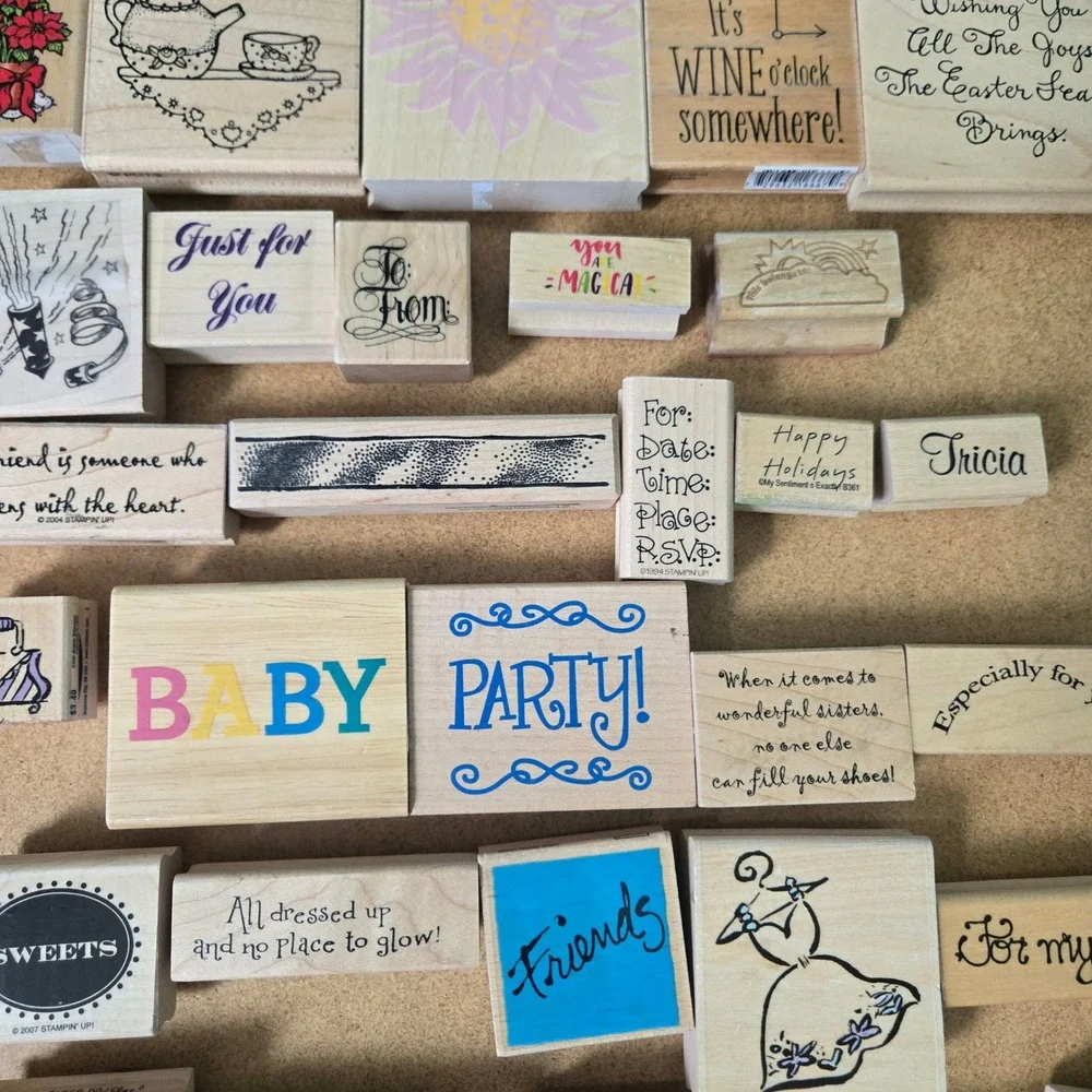 Lot of 30 Wood Mounted Rubber Stamps Stampin Up Holiday Baby Graduation Mixed